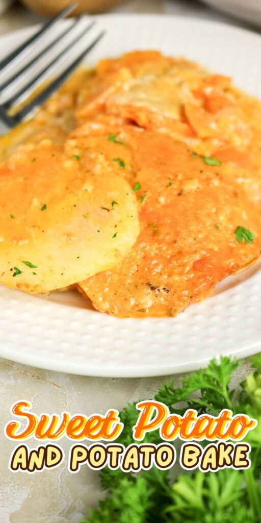 Slices of sweet potato and potato bake on a white plate with a fork.