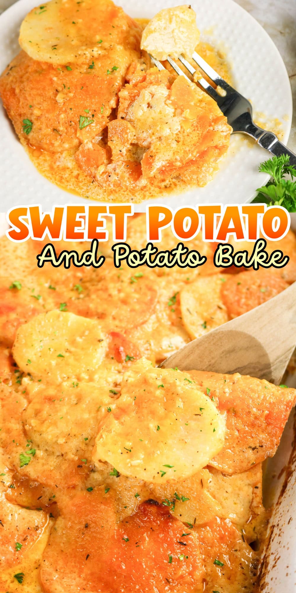Sliced sweet and white potato bake served on a plate with a fork.