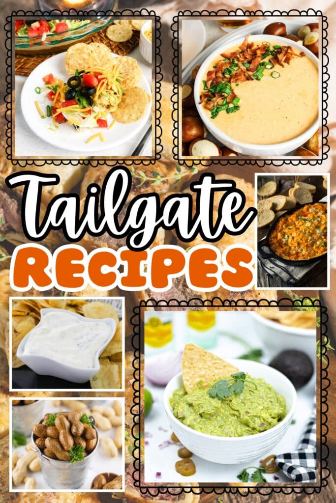 Tailgate snacks including dips, guacamole, queso, salad, and nuts.