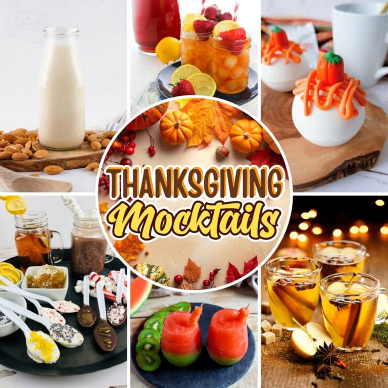 Thanksgiving mocktails: milk, fruit punch, caramel apples, candy, mock sangria.