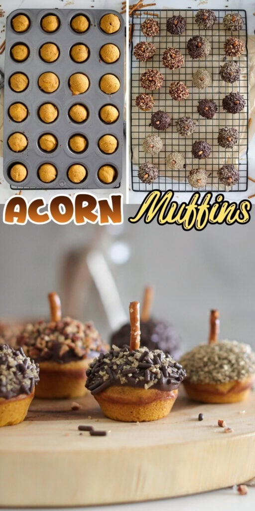 Mini muffins decorated like acorns with chocolate and pretzel sticks on top.