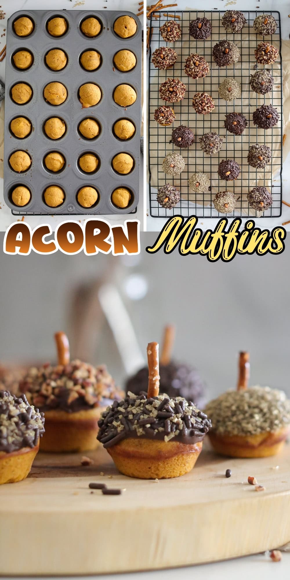 Mini muffins decorated like acorns with chocolate and pretzel sticks on top.
