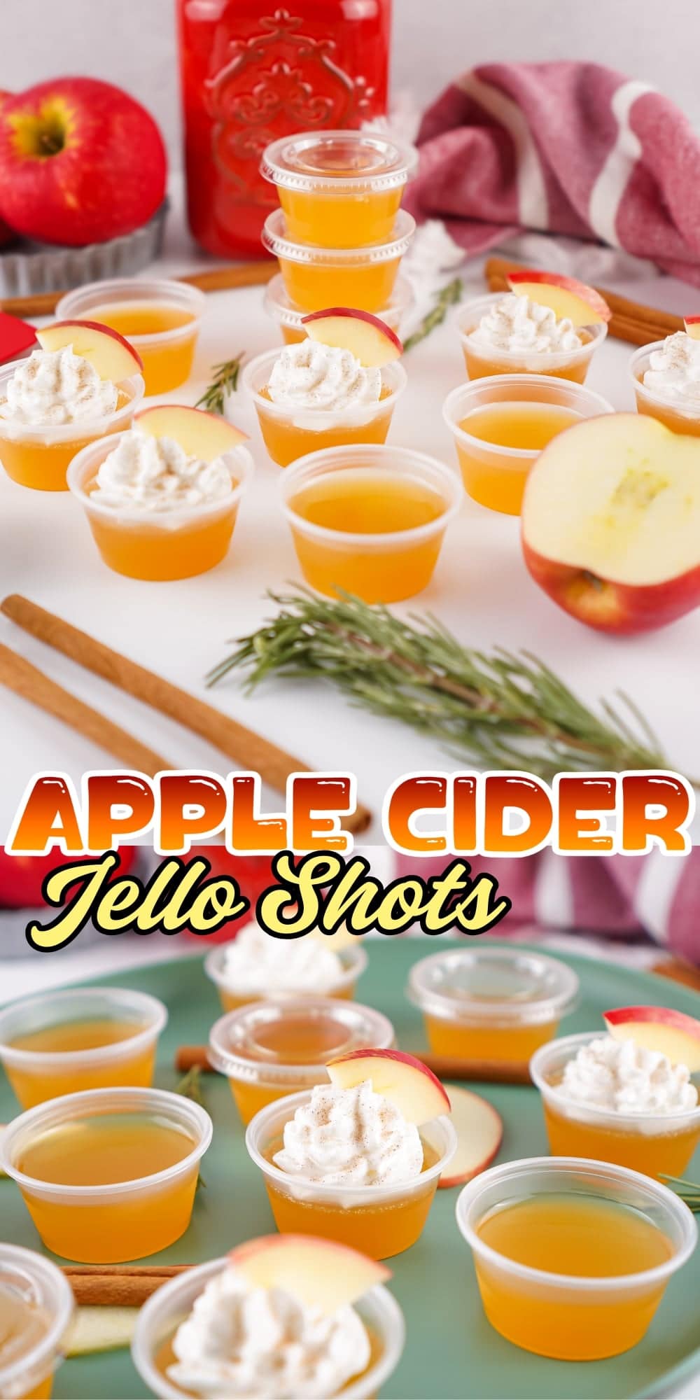 Apple cider jello shots in cups, some with whipped cream and apple slices.