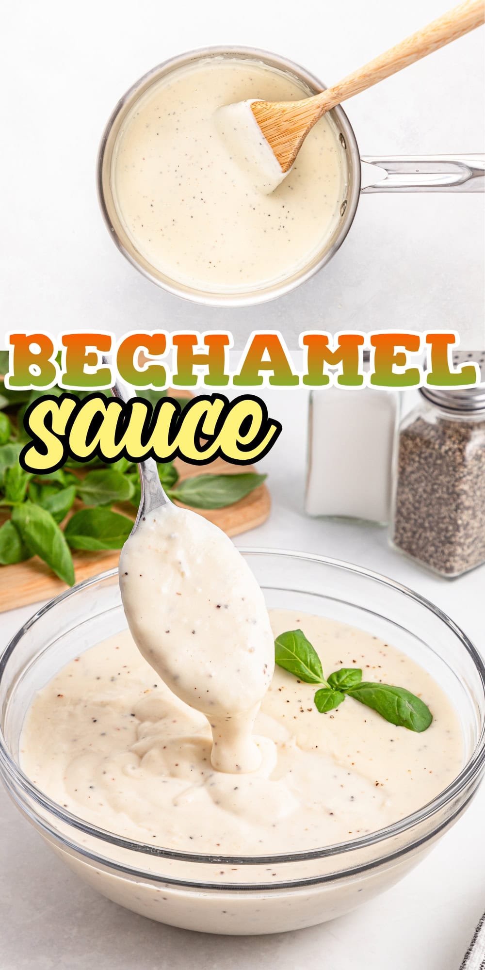 A spoon lifts creamy b&eacute;chamel sauce from a bowl, garnished with basil.