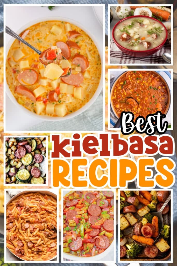Different kielbasa sausage dishes in bowls and pans.