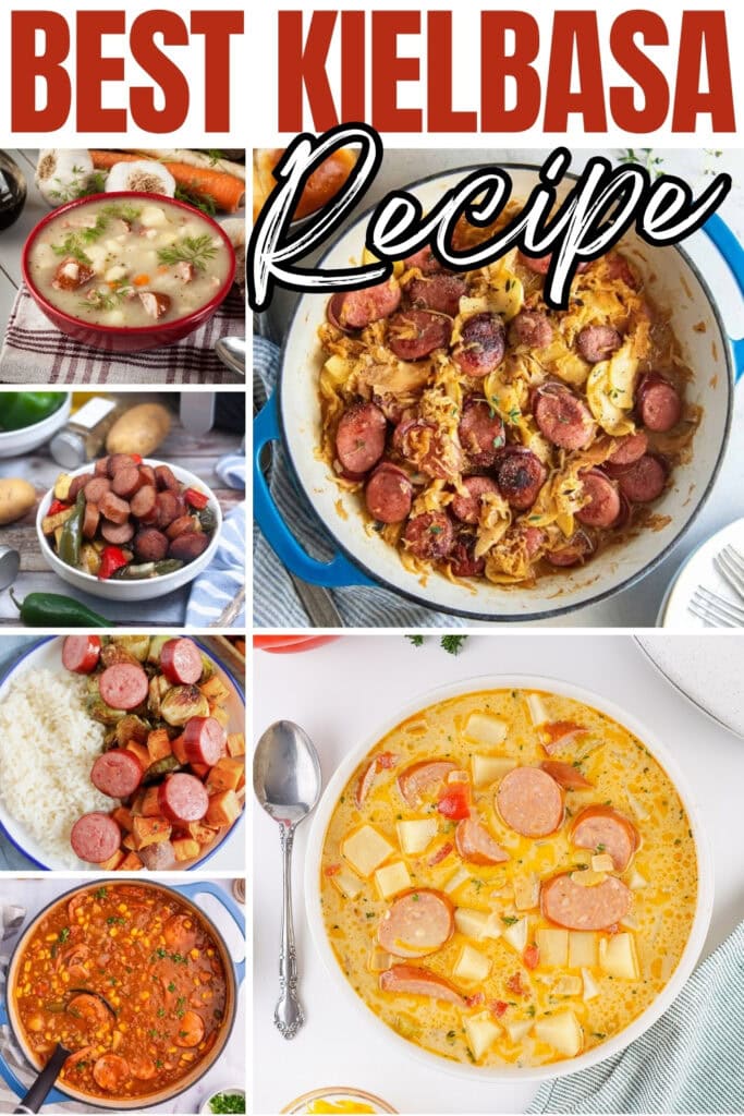 Kielbasa dishes, soups, and stews in colorful bowls and pots.