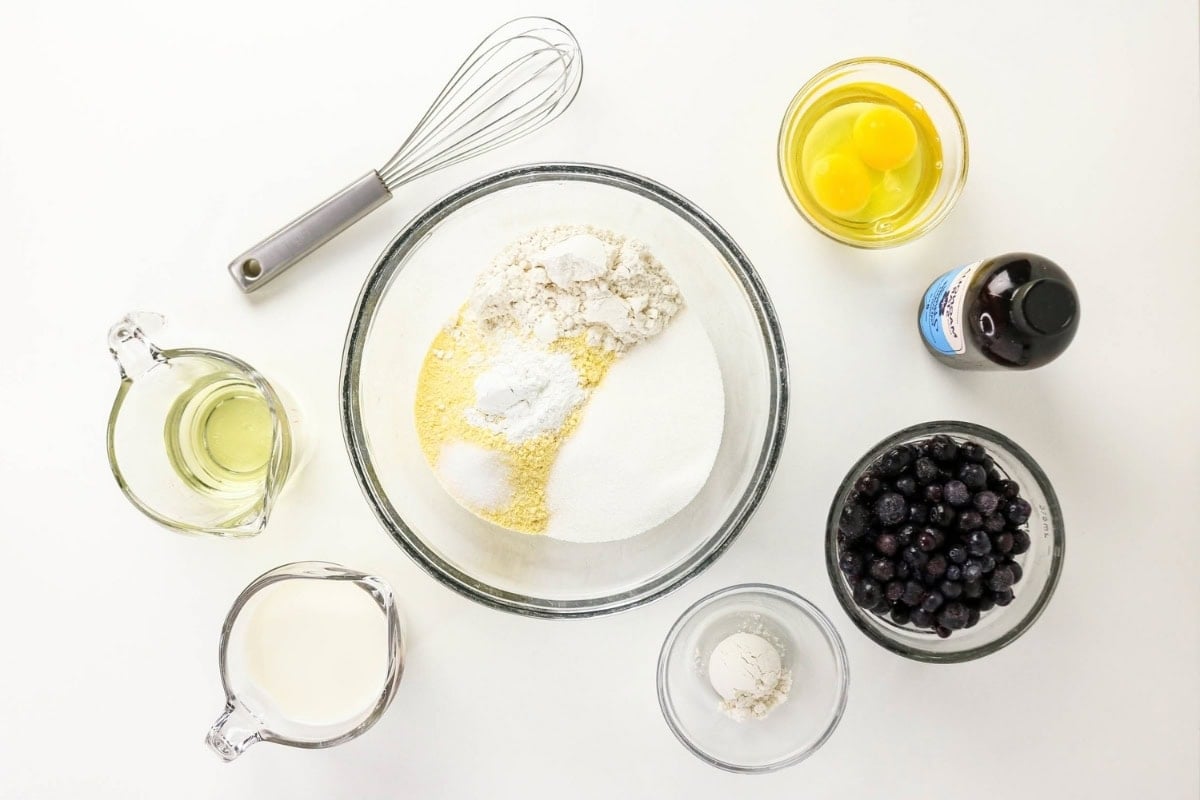 Ingredients: eggs, blueberries, flour, and milk.
