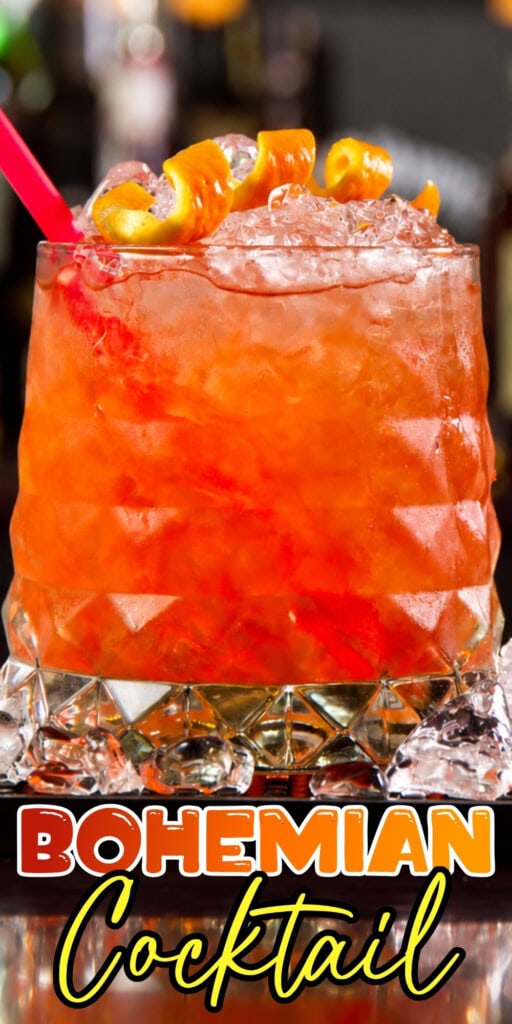 Bohemian Cocktail: Gin, apricot brandy, vermouth, orange bitters, and ice.