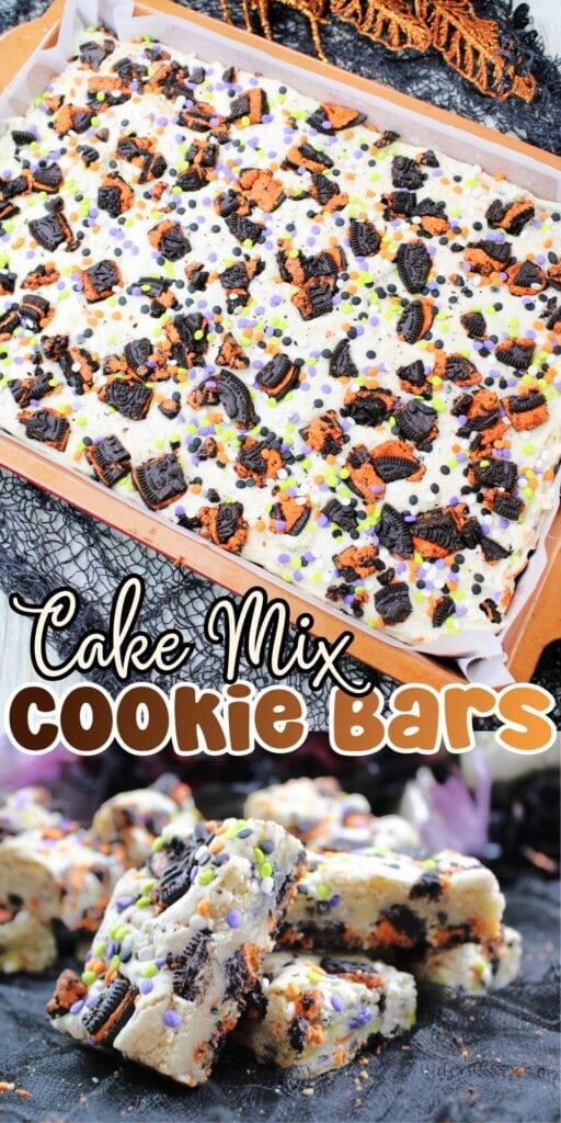 Cake Mix Cookie Bars topped with Oreos and sprinkles.