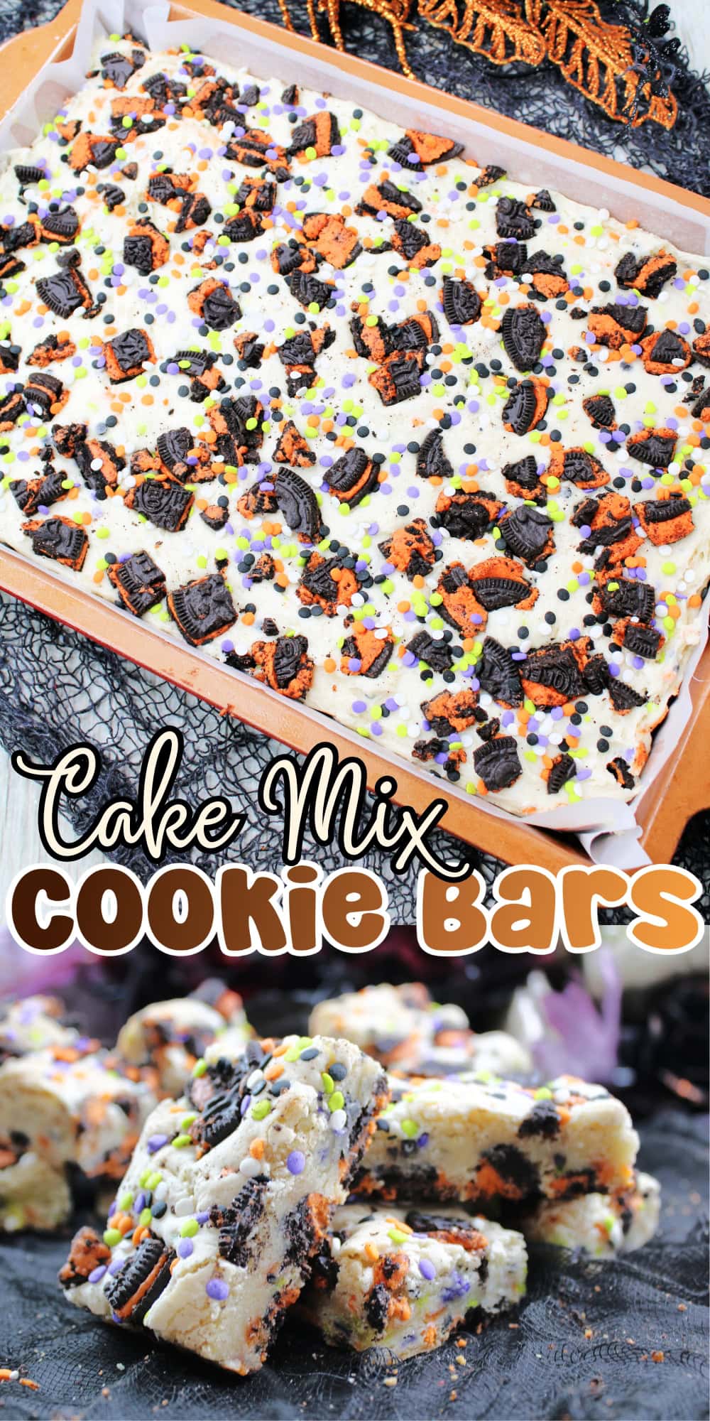 Cake Mix Cookie Bars topped with Oreos and sprinkles.
