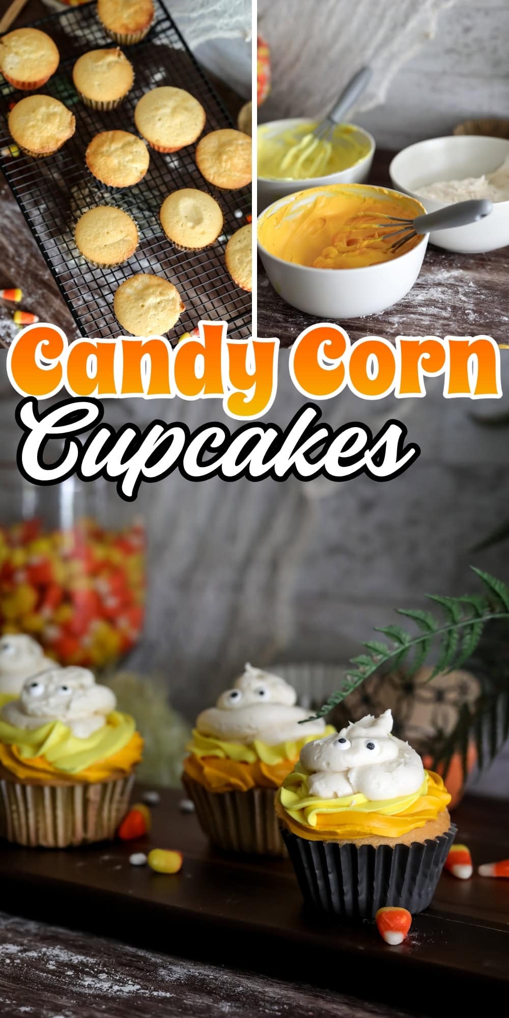 Candy corn cupcakes with yellow and white frosting and candy decorations.