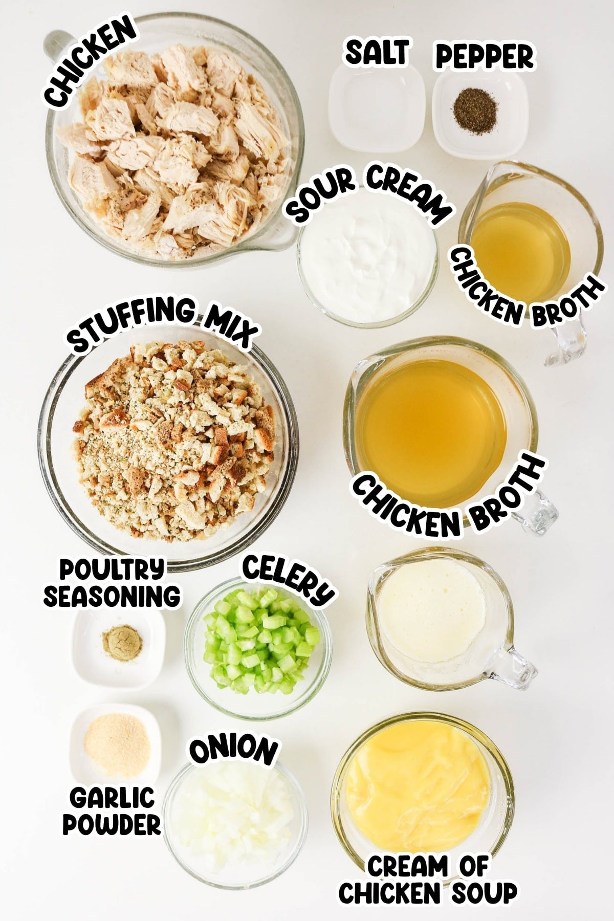 Chicken, stuffing, sour cream, broth, soup, celery, onion, spices, salt, pepper.