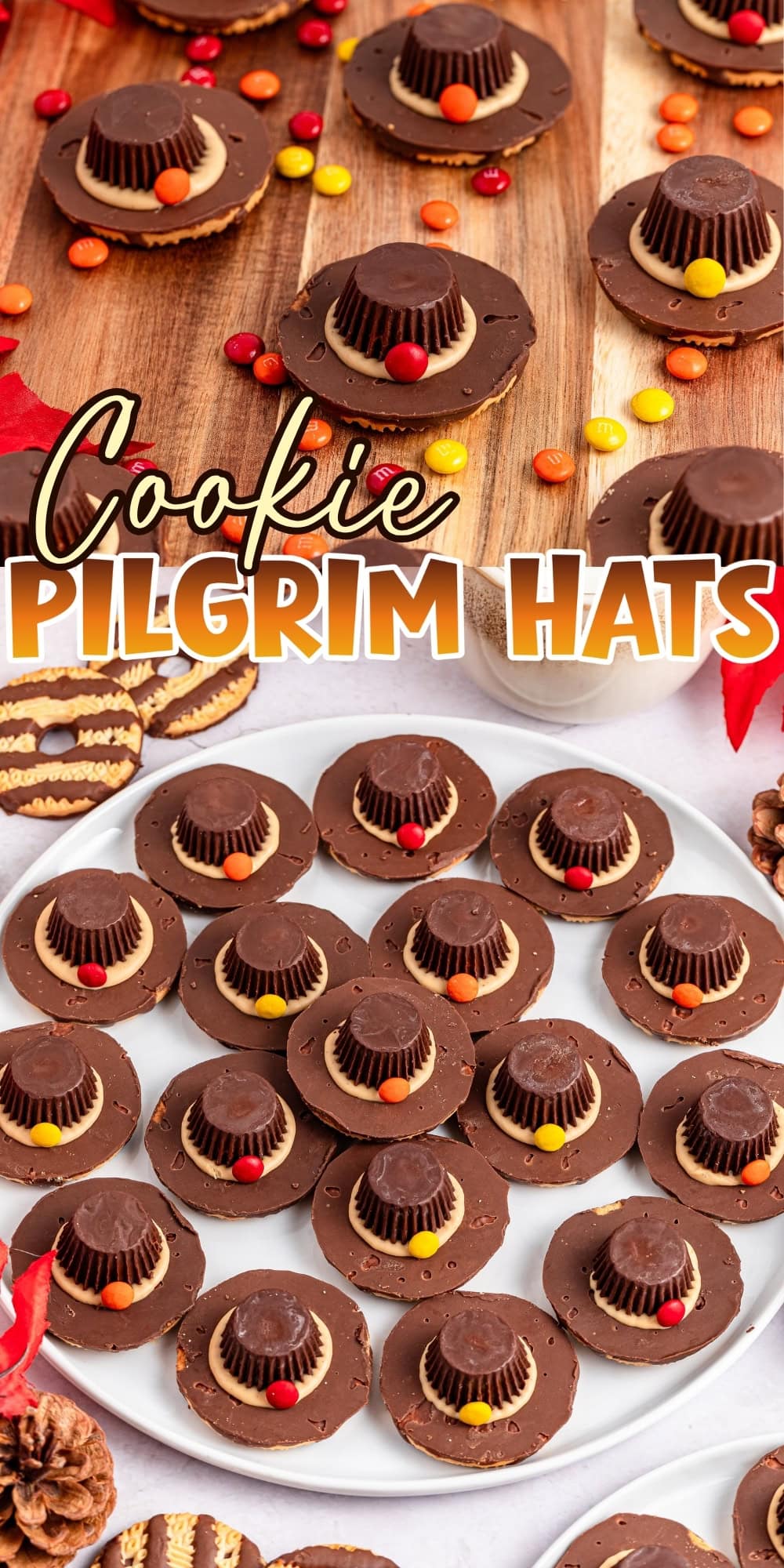 Chocolate cookie hats with peanut butter cups and colorful candy accents.