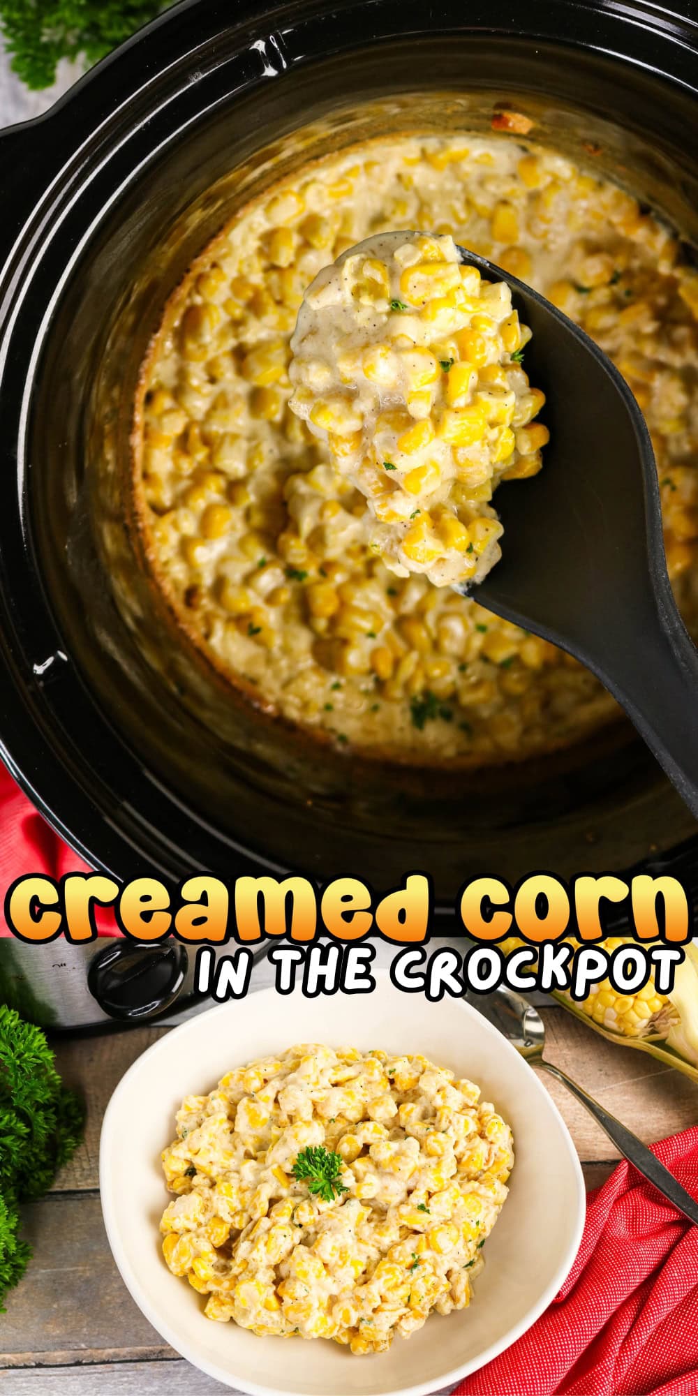 Spoon serving creamed corn from crockpot; bowl of creamed corn nearby.