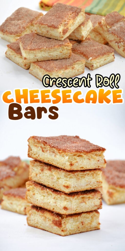 Cheesecake bars with cinnamon sugar topping stacked and arranged on a plate.