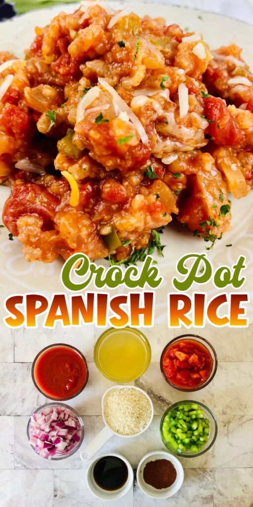 Close-up of crock pot Spanish rice with ingredients arranged in bowls below.