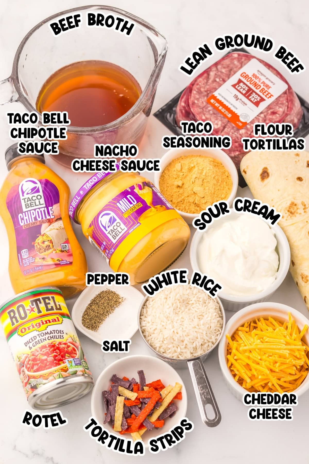 Ingredients for taco-style recipe with labels on a white background.