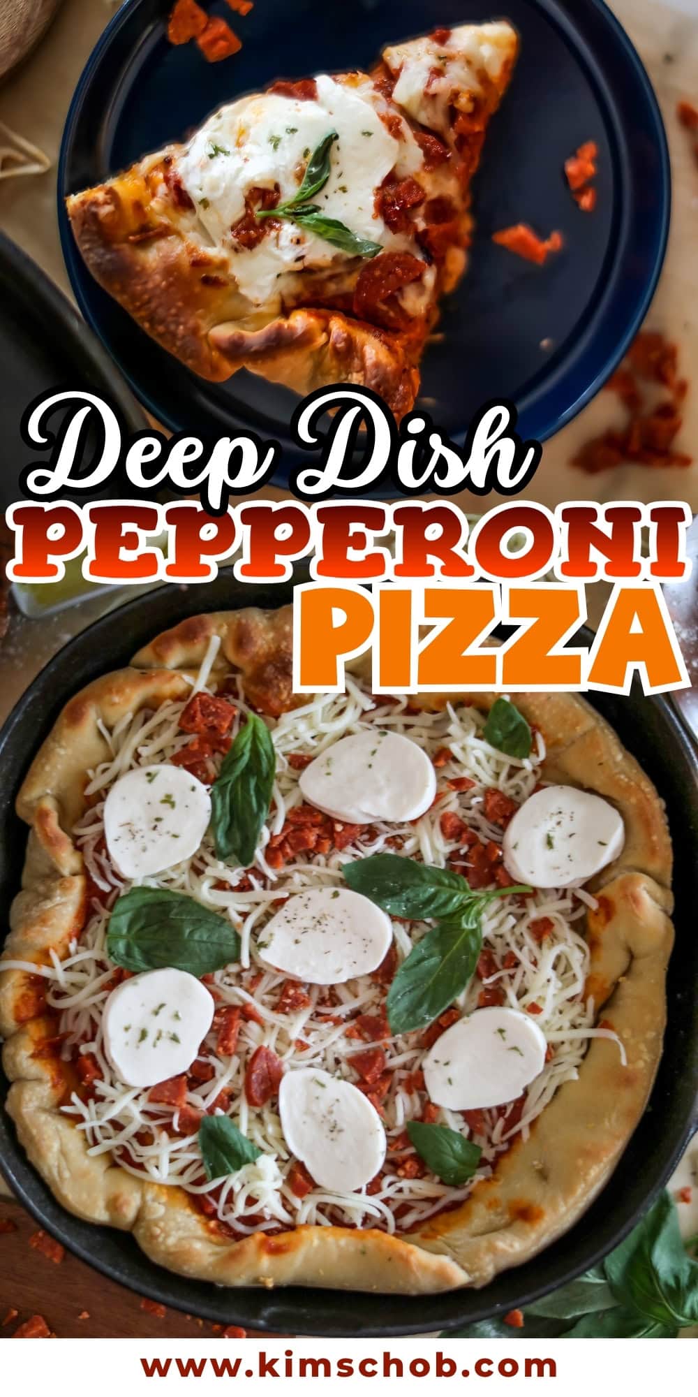 Deep dish pepperoni pizza in a pan and a slice on a blue plate.