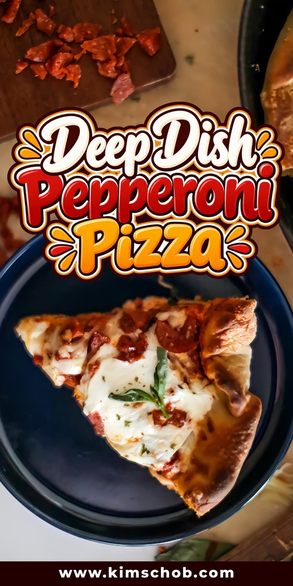 Slice of deep dish pepperoni pizza on a blue plate.