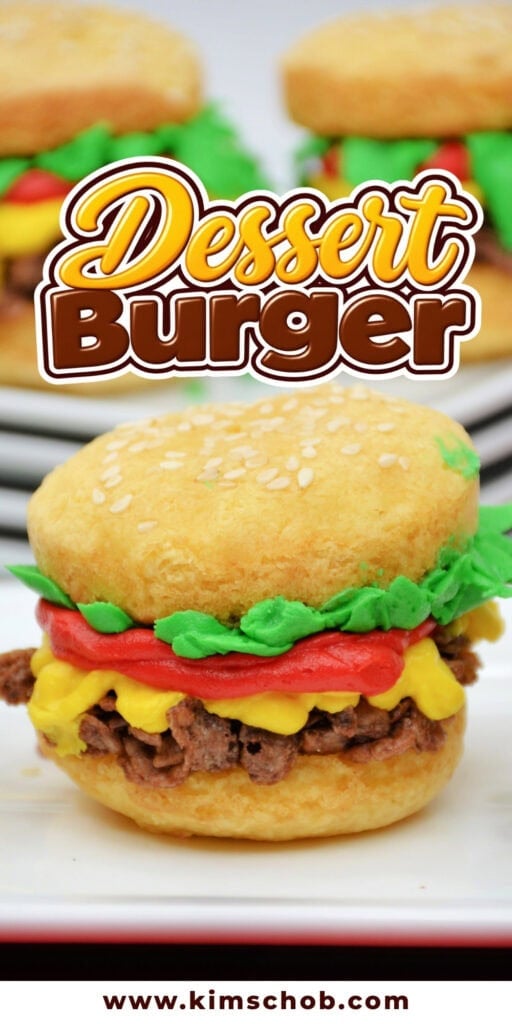 Dessert burger made with sweets, decorated to look like a hamburger.