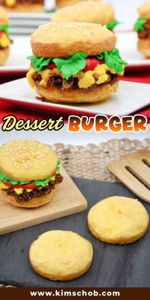 Dessert burgers made with cookies, frosting, and candy on white and wood plates.