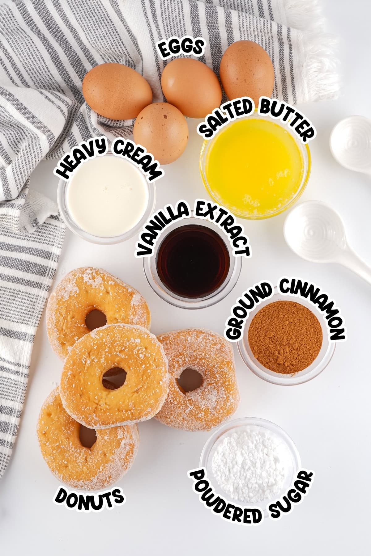 Assorted baking ingredients and donuts arranged on a white surface with labels.