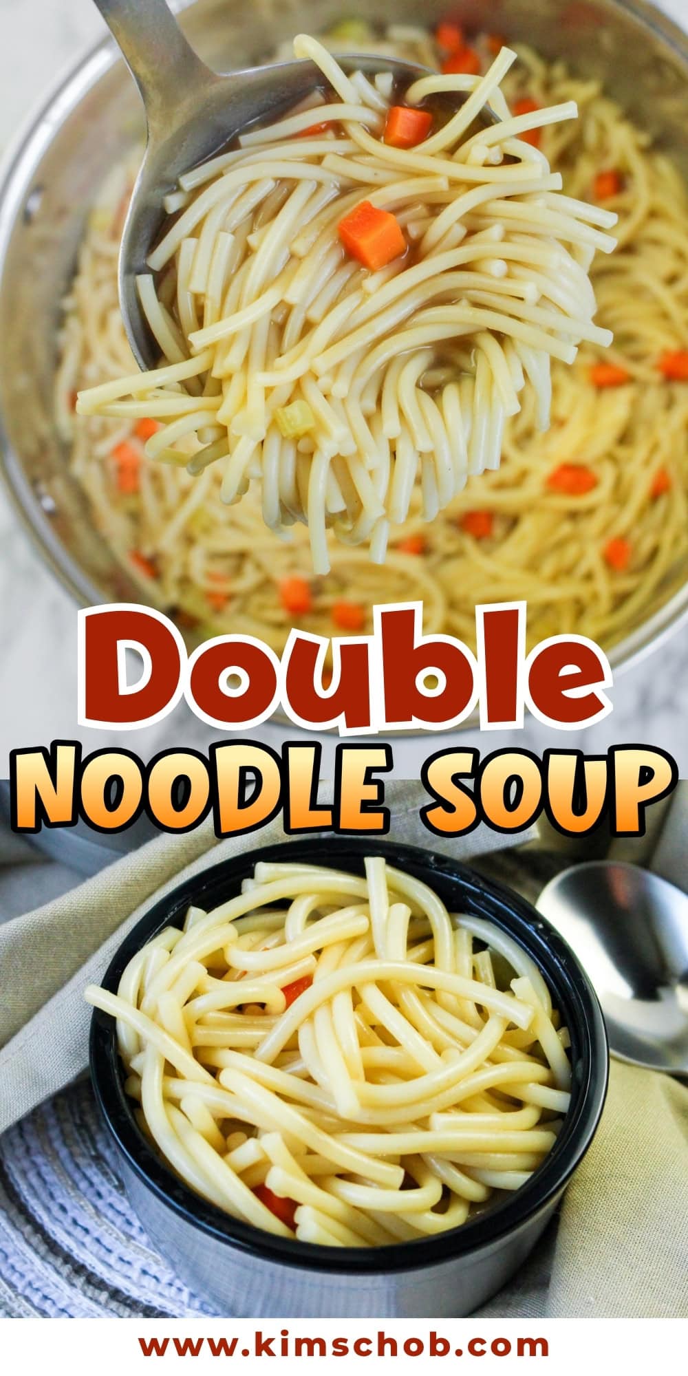 Bowl of noodle soup with carrots and a spoon lifting noodles.