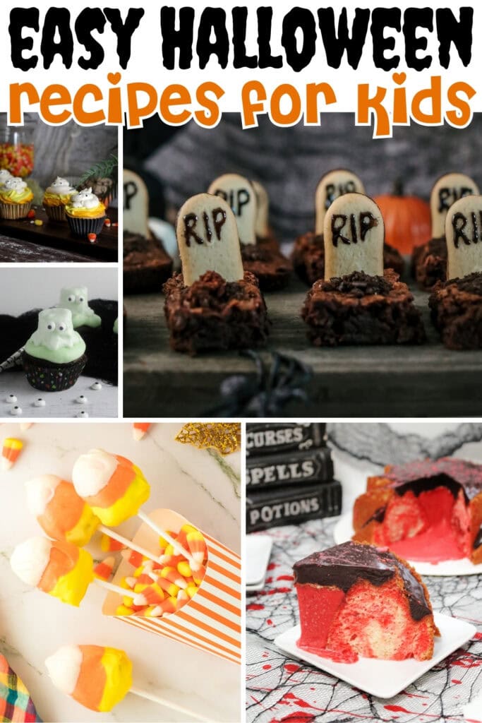 Halloween treats for kids, including tombstone brownies and ghost cupcakes.