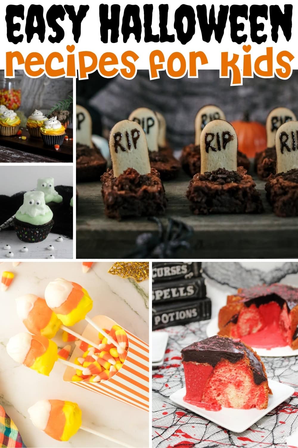 Halloween treats for kids, including tombstone brownies and ghost cupcakes.