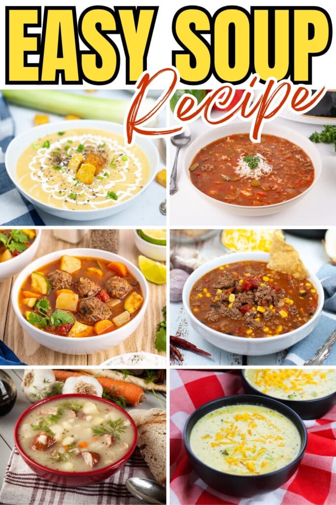 Six bowls of different soups on tables.