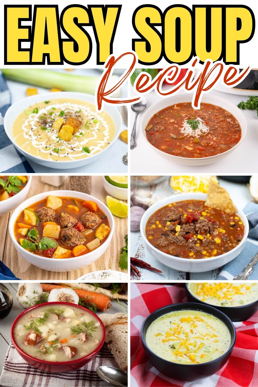 Six bowls of different soups on tables.