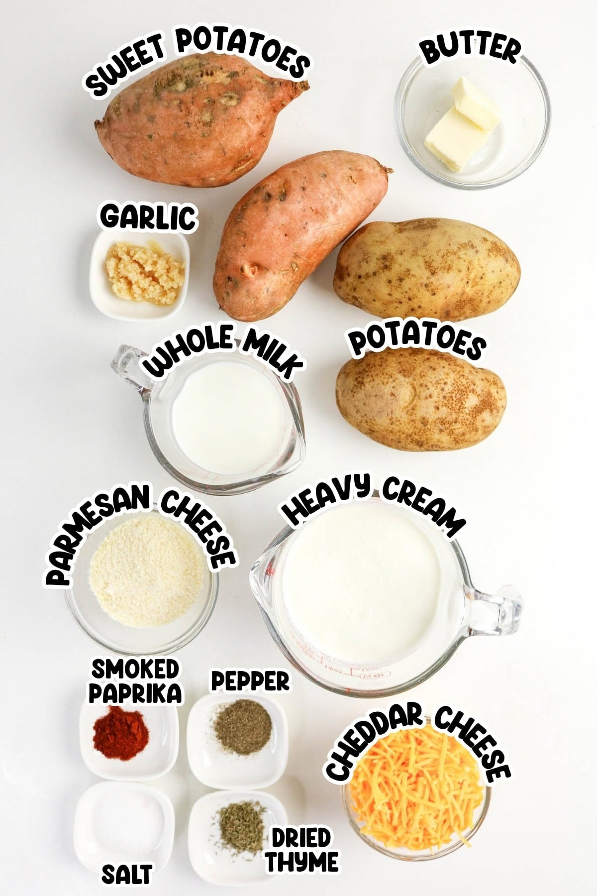 Sweet potatoes, potatoes, butter, cheeses, milk, cream, garlic, and seasonings.