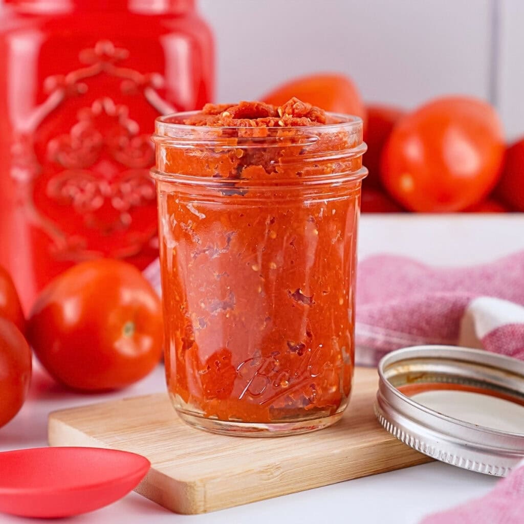 A jar of tomato paste on a wooden board surrounded by fresh tomatoes.