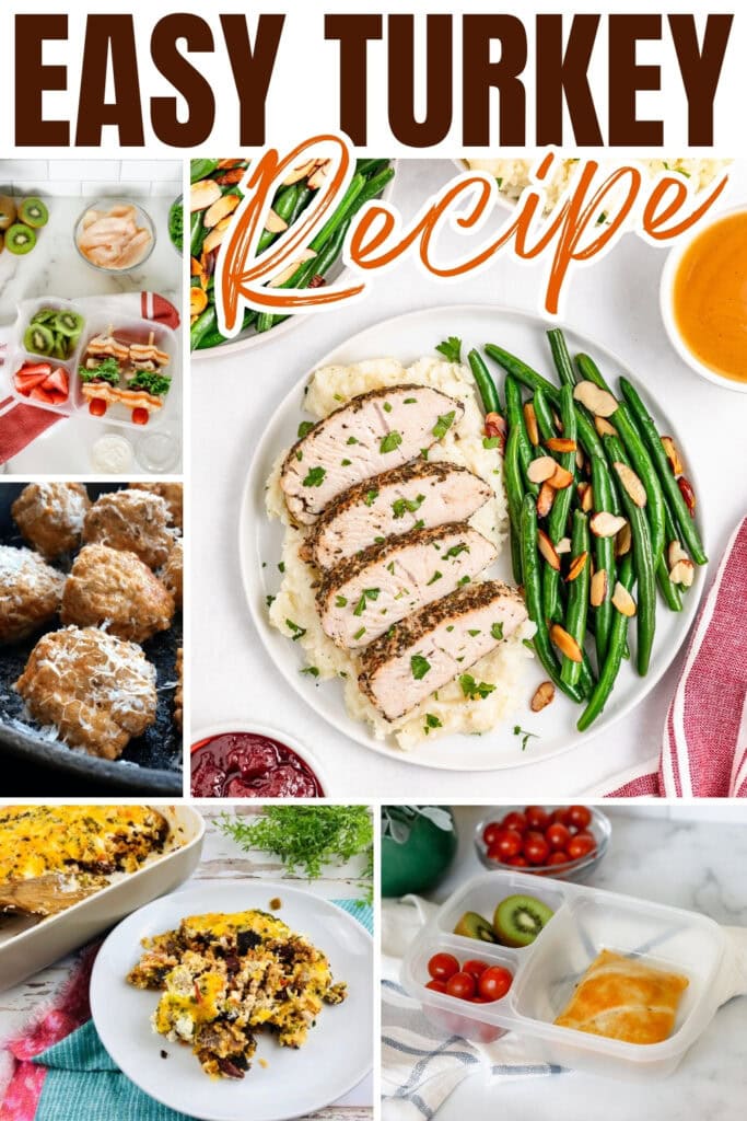 Collage of turkey dishes, vegetables, meal prep, and mashed potatoes with beans.