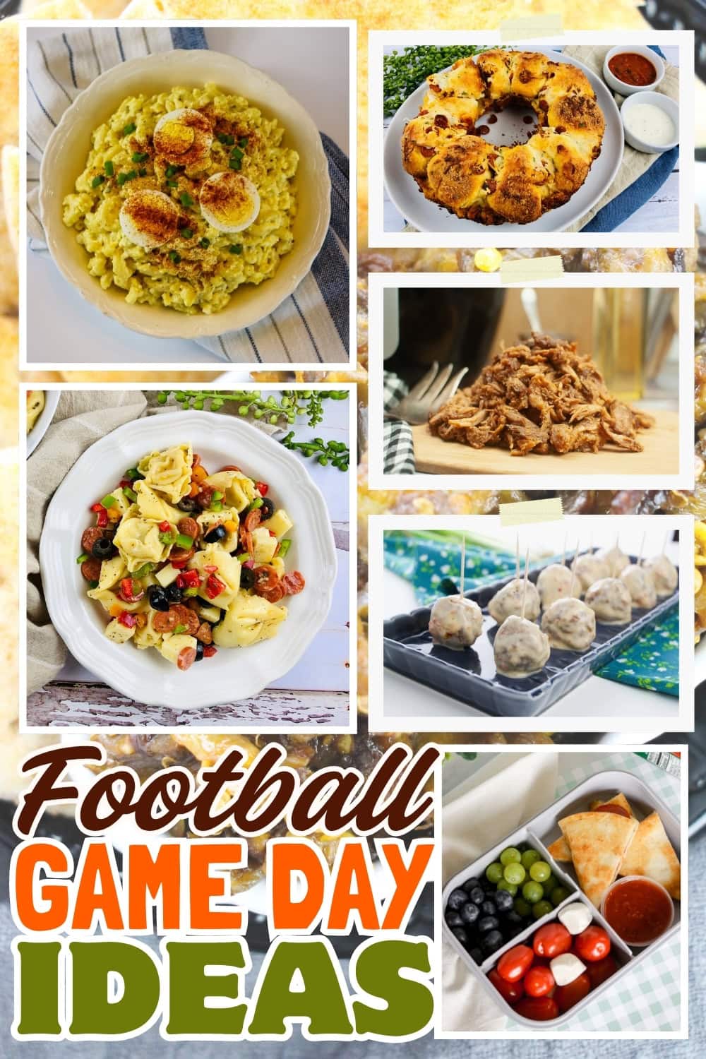 Football game day food, including salads, meat, and snacks.
