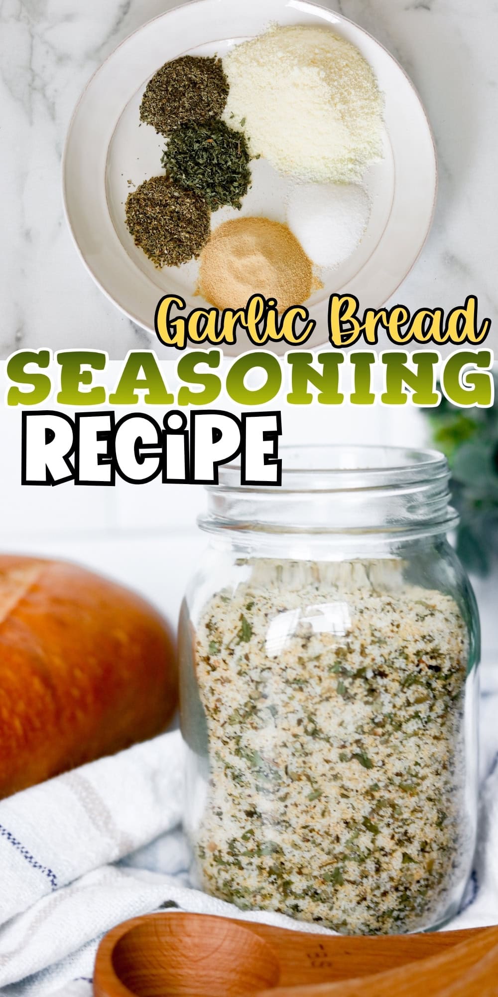 Garlic bread seasoning spices on a plate and in a glass jar with bread nearby.
