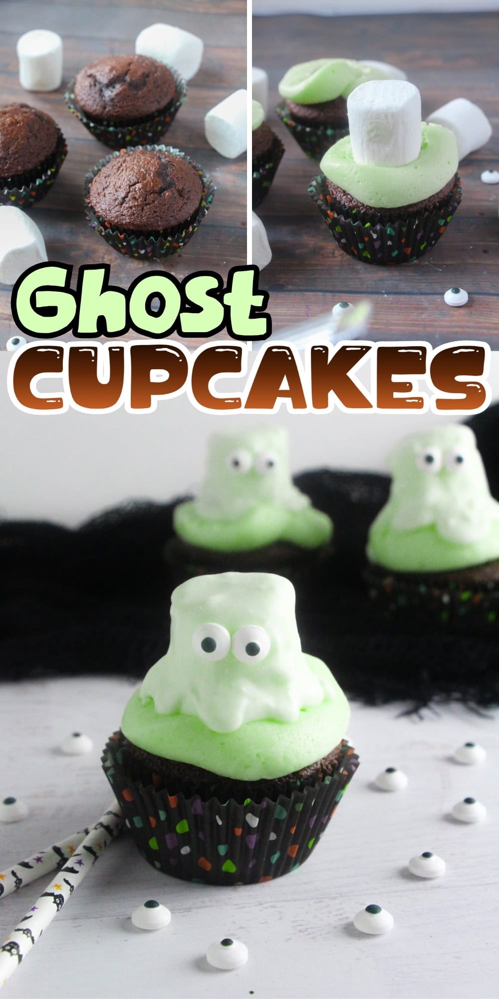 Green ghost cupcakes with marshmallows, googly eyes, and black cupcake liners.
