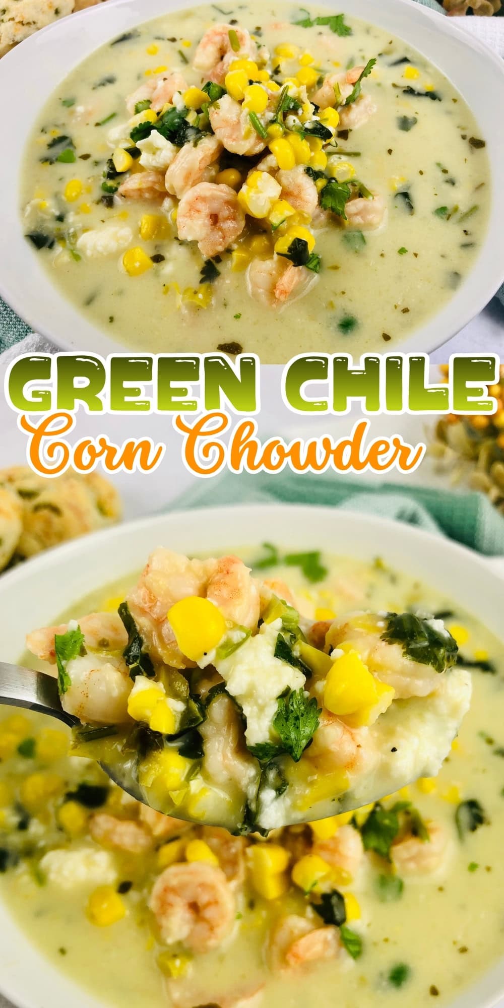 Bowl of green chile corn chowder with shrimp, corn, and cilantro.