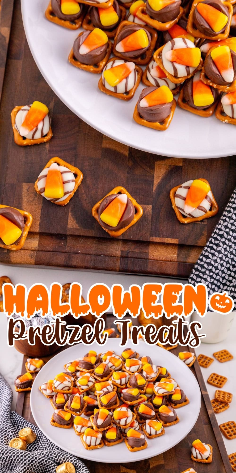 Pretzels topped with chocolates and candy corn on a wooden board and plate.