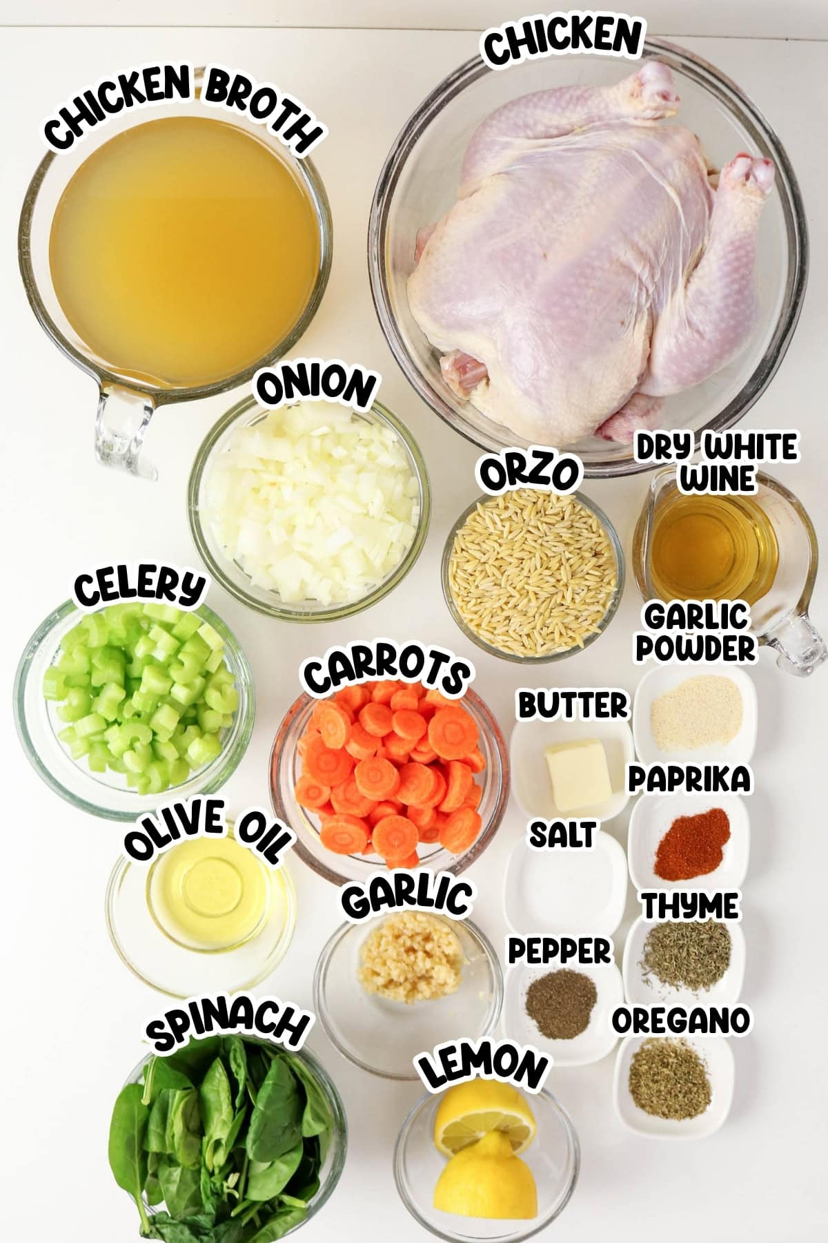 Ingredients for chicken soup arranged in bowls, each labeled with its name.