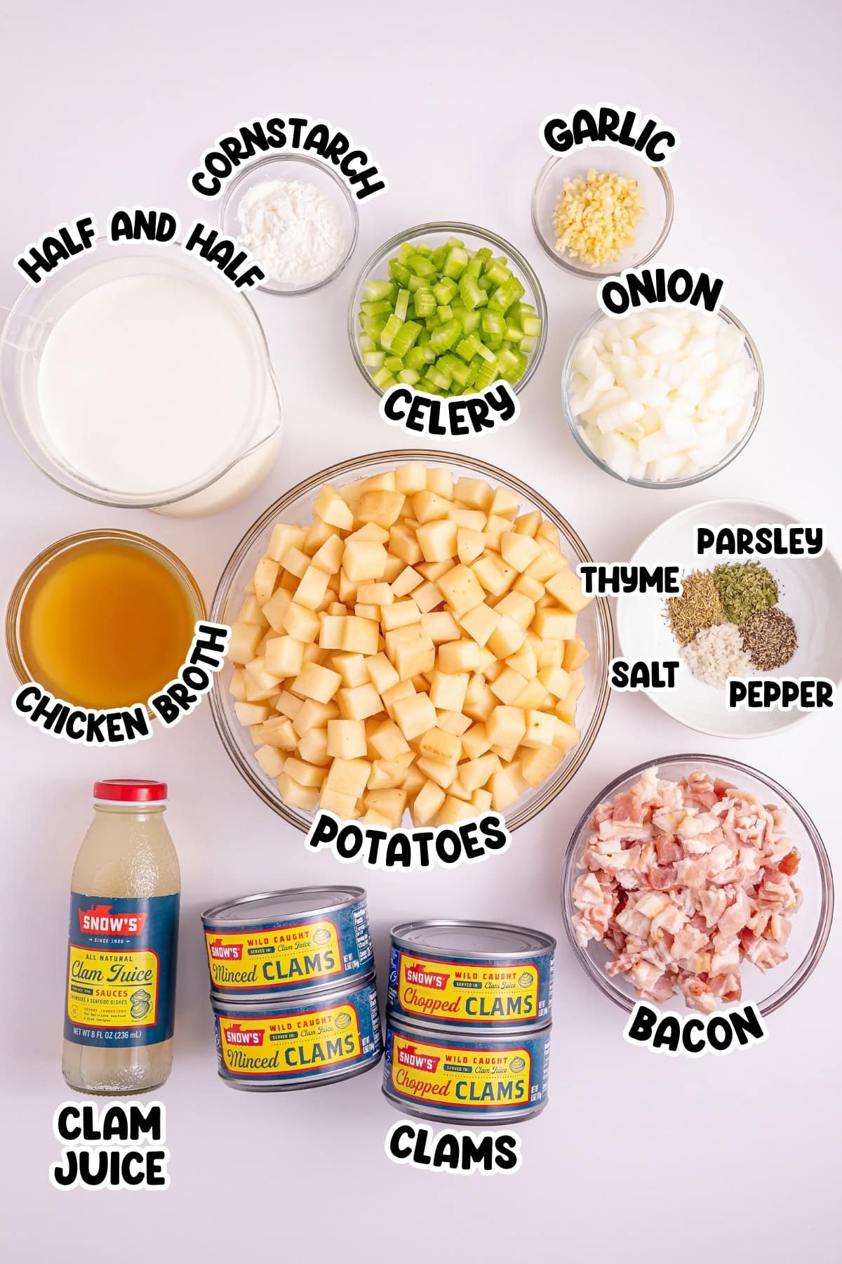 Clam chowder: half half, cornstarch, garlic, celery, onion, herbs, broth, clams.