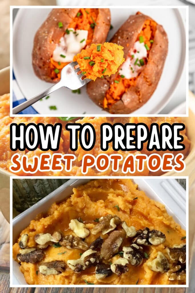 Three sweet potato dishes: baked, mashed, and topped with walnuts and herbs.