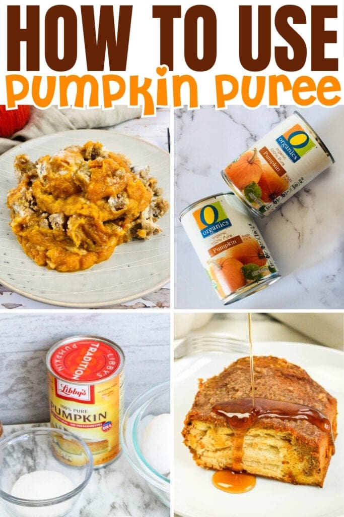 Pumpkin puree cans, pumpkin dish, ingredients, and cake with syrup.