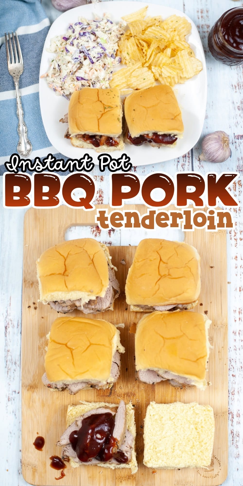 Sliders with BBQ pork, chips, and coleslaw on plates and a wooden board.