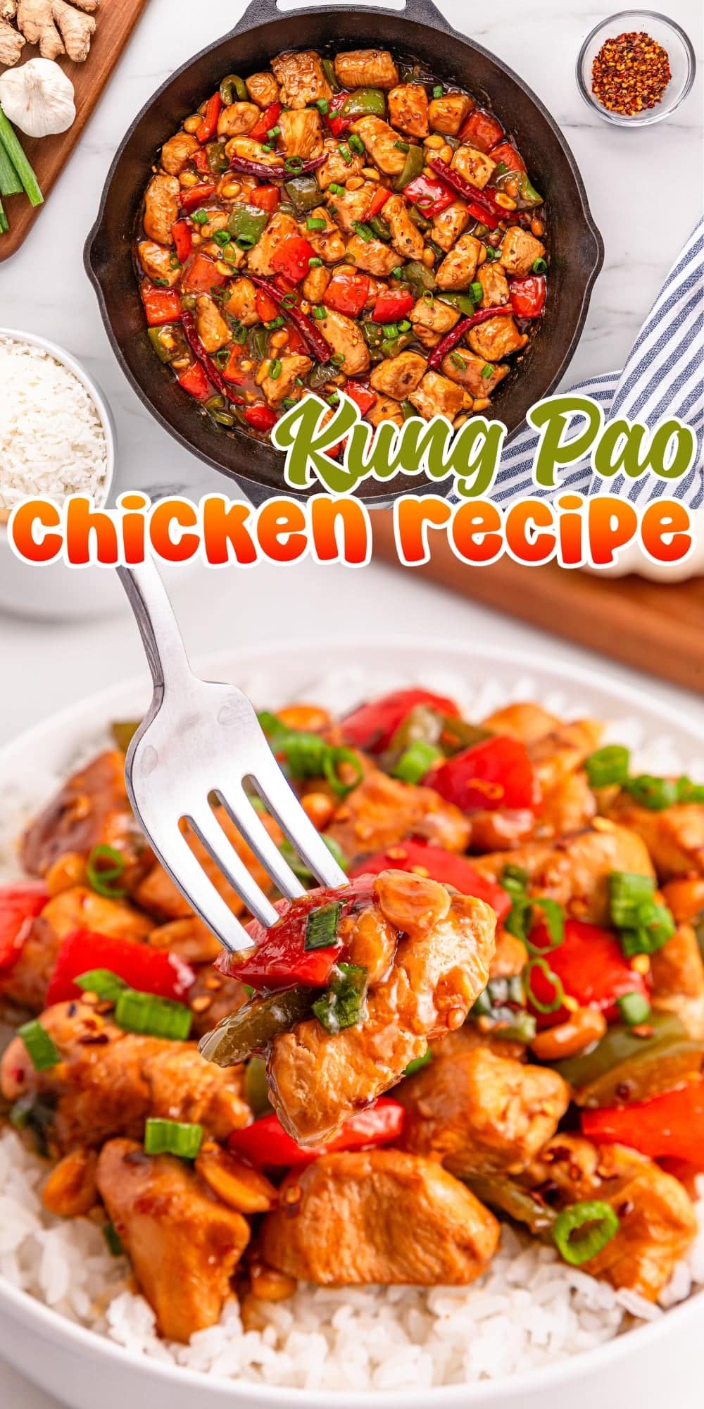 Bowl of Kung Pao chicken with rice, colorful veggies, and a fork.