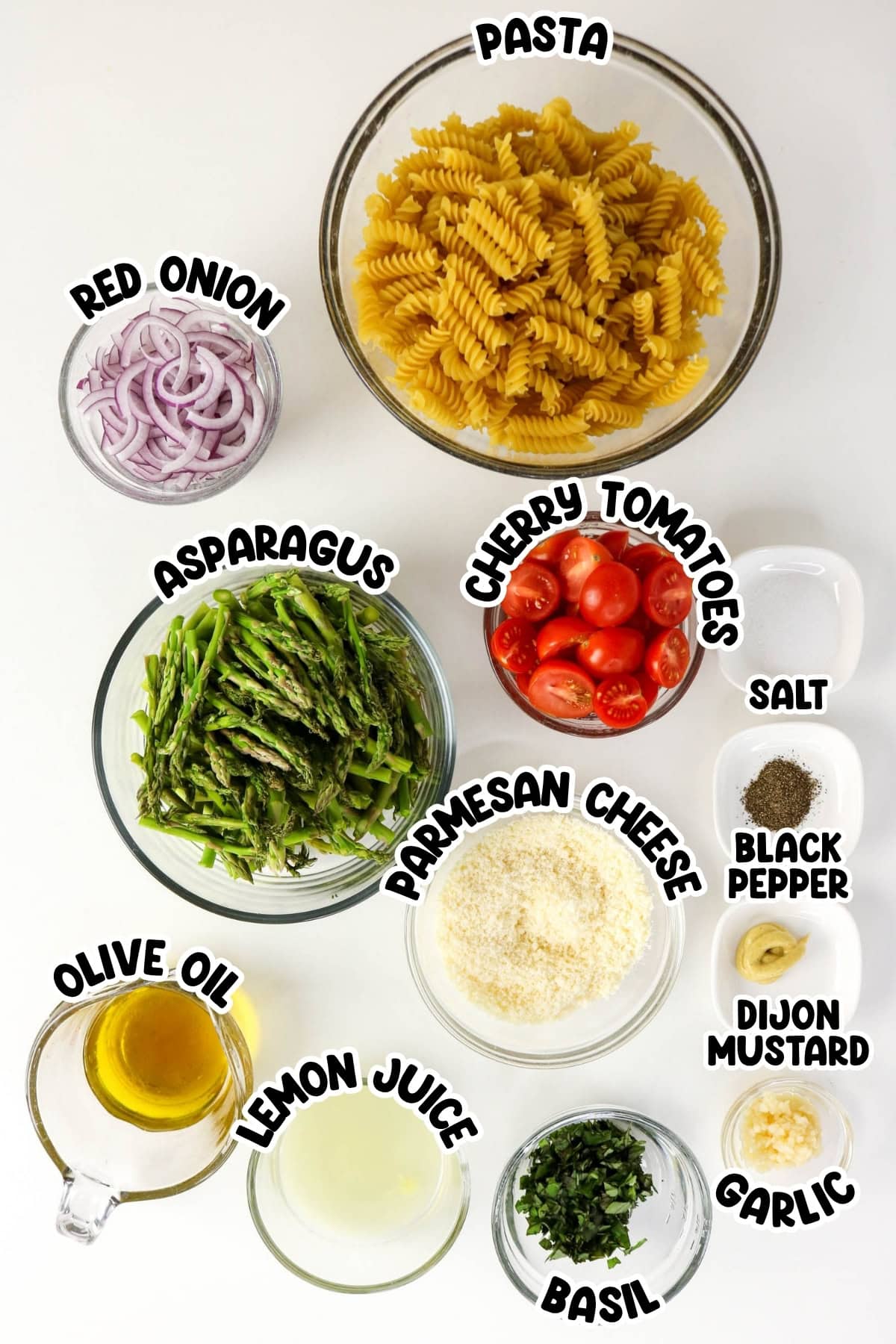 Pasta, red onion, asparagus, cherry tomatoes, Parmesan, oil, lemon, basil, garlic.
