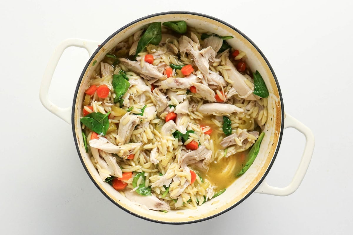 Pot of chicken orzo soup with carrots, spinach, and broth.