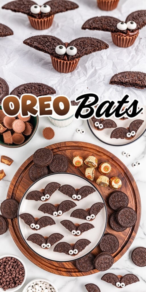 Oreo cookies made to look like bats with candy eyes and peanut butter cups.