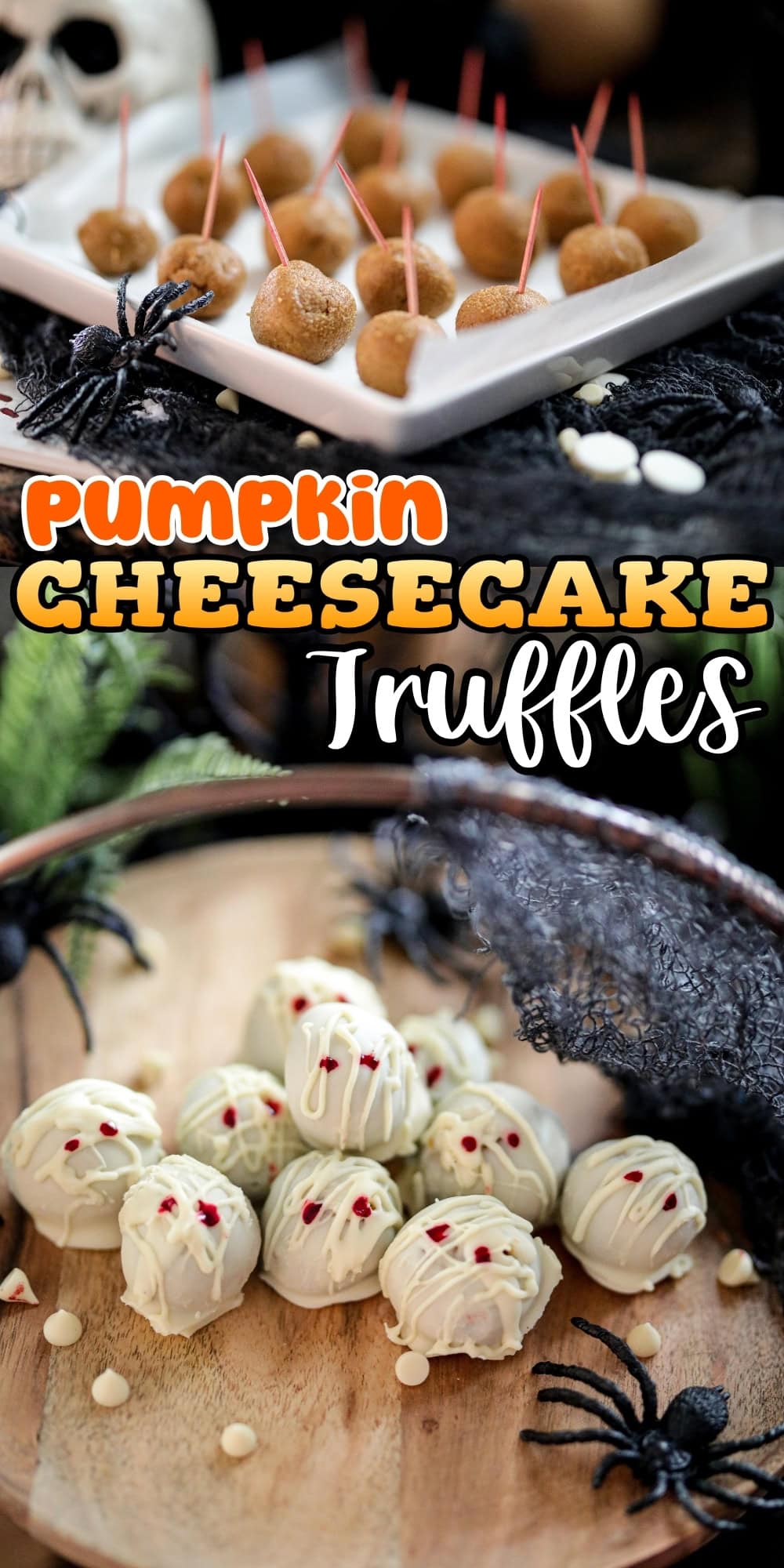 Pumpkin cheesecake truffles: orange or white-chocolate coated, Halloween-themed.