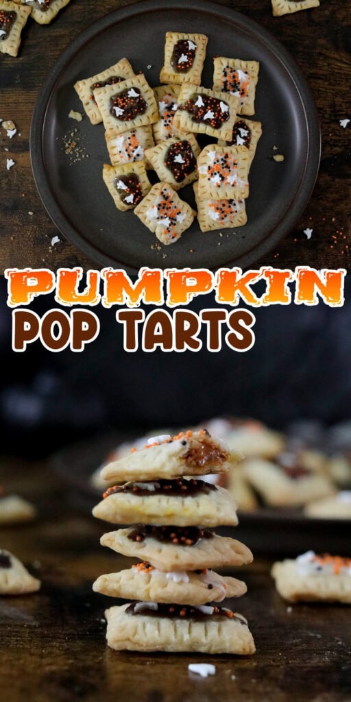 Mini pumpkin pop tarts on a plate and stacked, topped with sprinkles.